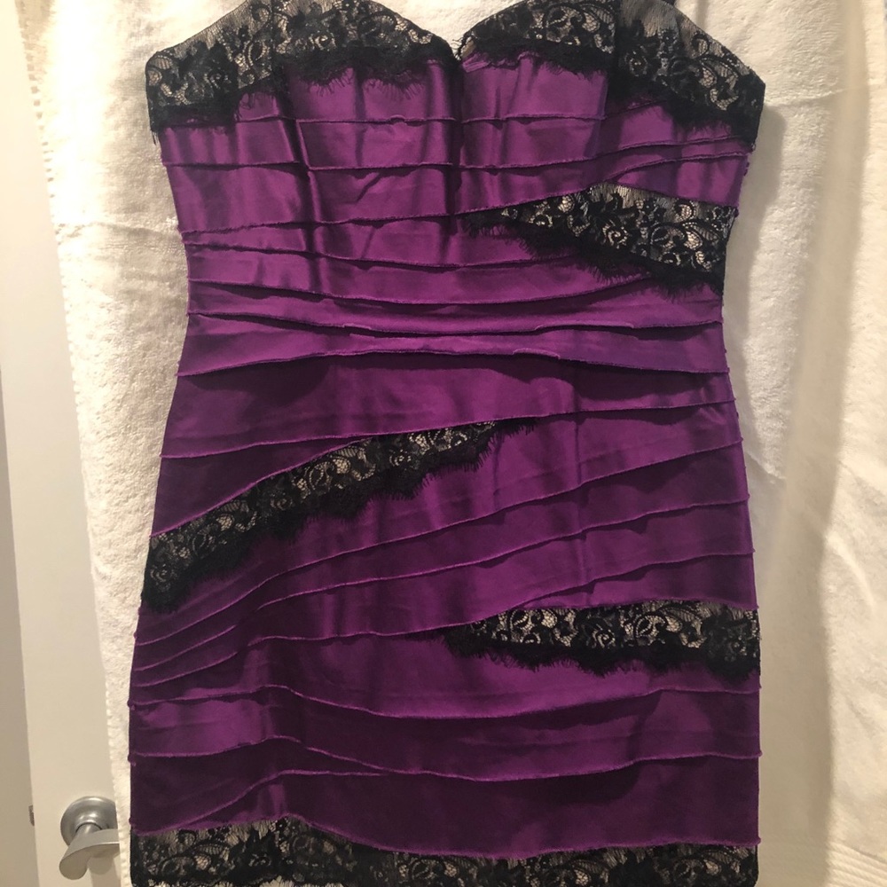 bebe mini dress purple and black lace